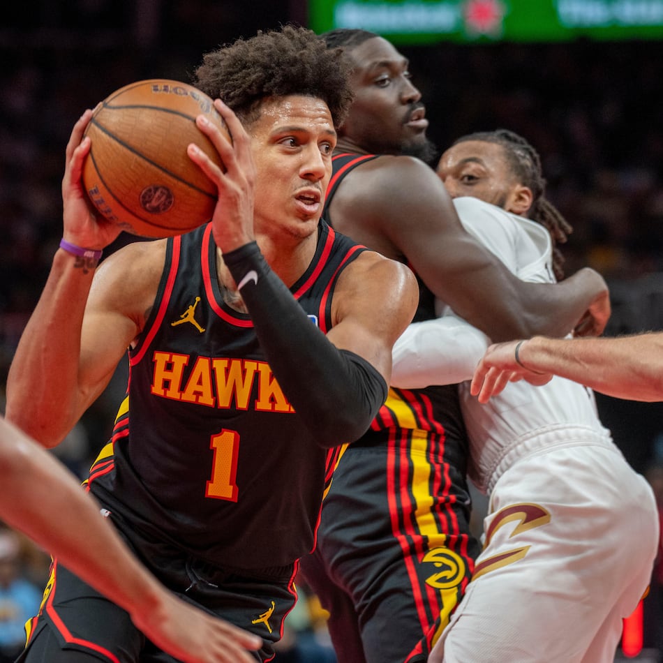 Atlanta Hawks forward Jalen Johnson drives the ball during the second half of an NBA Cup basketball game against the Cleveland Cavaliers, Friday, Nov. 28, 2025, in Atlanta. (Erik Rank/AP)
