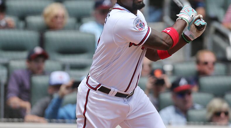 Braves second baseman Brandon Phillips was out of the lineup Monday at Anaheim after leaving Sunday’s game with a right-knee contusion that resulted from being struck by a foul tip. (Curtis Compton/AJC file photo)