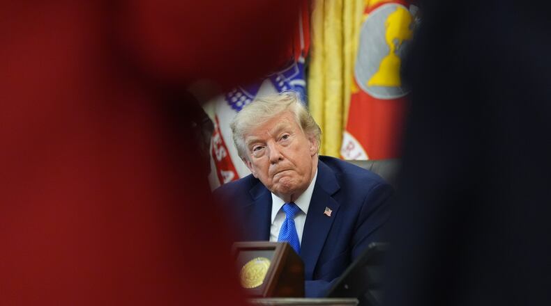 President Donald Trump speaks in the Oval Office of the White House, Thursday, Aug. 6, 2026, in Washington. (AP Photo/Alex Brandon)