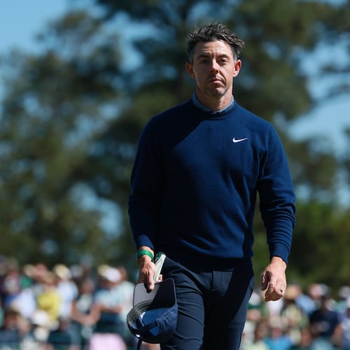 Reigning Masters champ Rory McIlroy finsihes his first round of the Masters tournament at Augusta National Golf Club on Thursday. (Jason Getz/AJC)