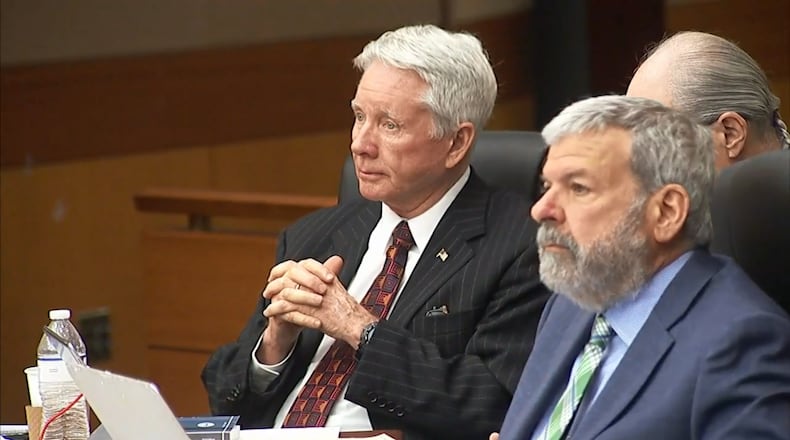 Tex McIver, at left, listens during his murder trial along with famed Atlanta defense attorney Don Samuel, right. (Channel 2 Action News)