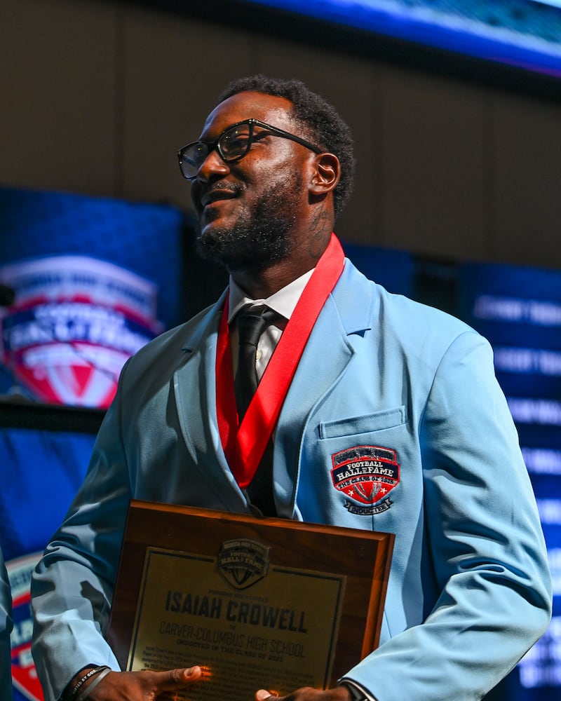 Inductee Isaiah Crowell is seen after being inducted into the Georgia High School Football Hall of Fame Saturday, Oct. 25, 2025, during a ceremony at the College Football Hall of Fame in Atlanta. (Daniel Varnado for the AJC)
