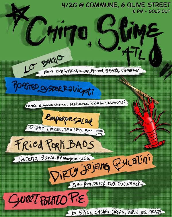 The promotional flyer for the Chino and Slime event resembles a colorful hand-scrawled menu. There is an illustration of a crawdad holding chopsticks.
