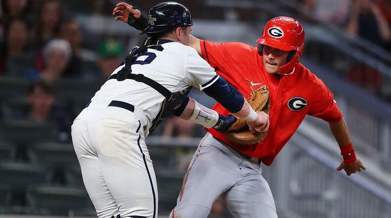 Georgia Tech catcher Kyle McCann tags out Georgia base runner Cam Shepherd as he tries to score from third on a ground ball during the Spring Classic game at SunTrust Park on Tuesday, April 23, 2019. Curtis Compton / ccompton@ajc.com