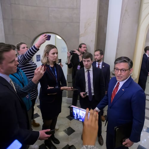 Speaker of the House Mike Johnson, R-La., talks with reporters outside his office at the U.S. Capitol, Wednesday, Nov. 12, 2025, in Washington. (AP Photo/Rod Lamkey, Jr.)
