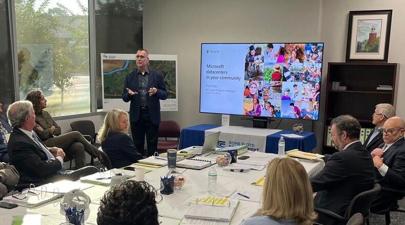 Paul Englis, a community affairs manager at Microsoft, speaks to the Rome-Floyd County Development Authority on Monday about plans for a data center off Huffaker Road. (Photo Courtesy of John Bailey)