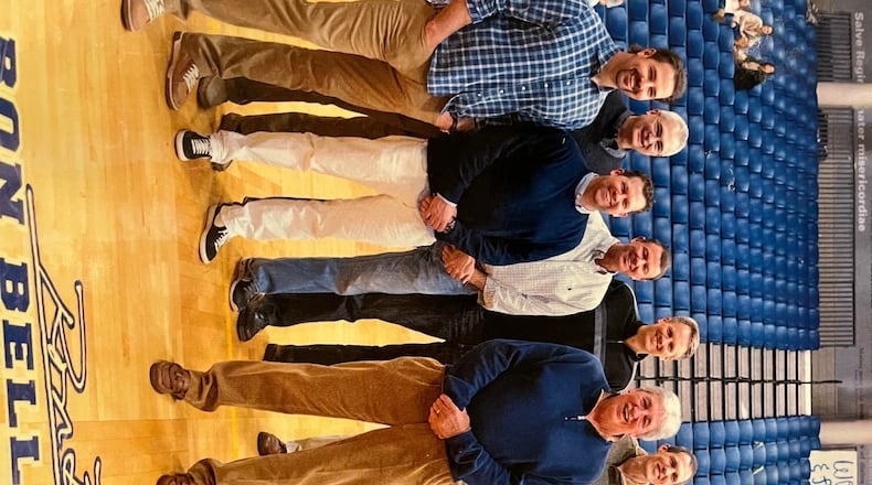 Marist coach Ron Bell is surrounded by his  former players at the dedication of Ron Bell Court in 2016. (Photo courtesy of the Ron Bell family)