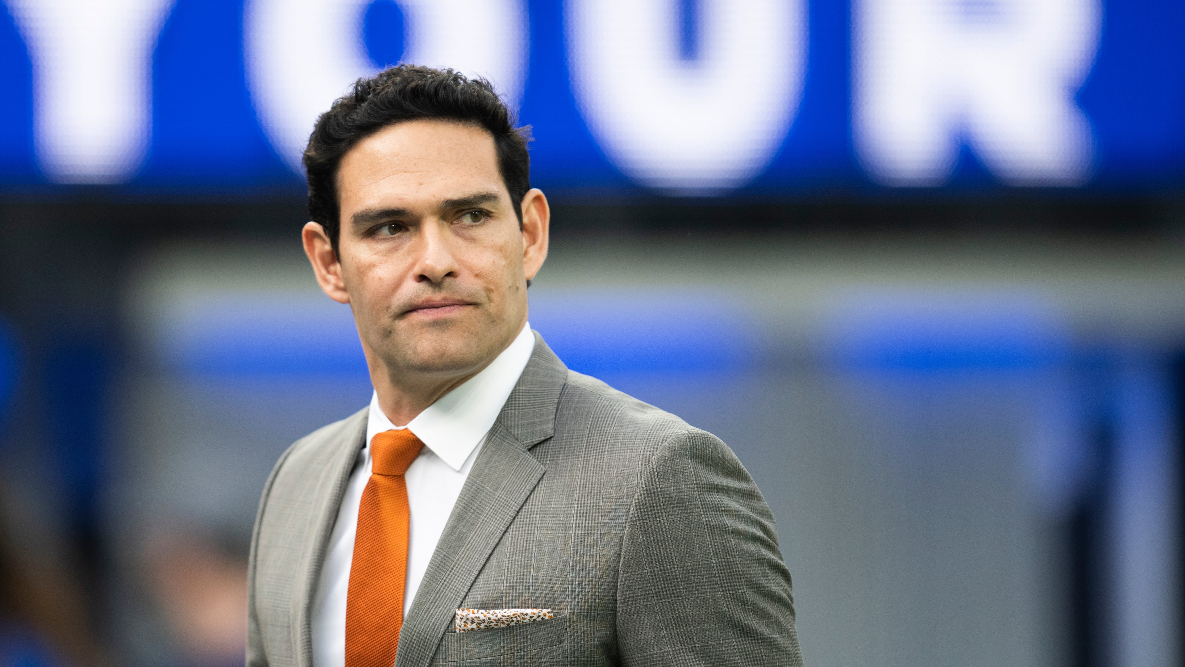 FILE - Mark Sanchez walks on the field before an NFL football game between the Los Angeles Rams and the Jacksonville Jaguars Sunday, Dec. 5, 2021, in Inglewood, Calif. (AP Photo/Kyusung Gong, File)
