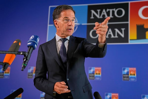 NATO Secretary General Mark Rutte talks to journalists as he arrives for NATO's informal meeting of foreign ministers in Antalya, southern Turkey, Thursday, May 15, 2025. (AP Photo/Khalil Hamra)