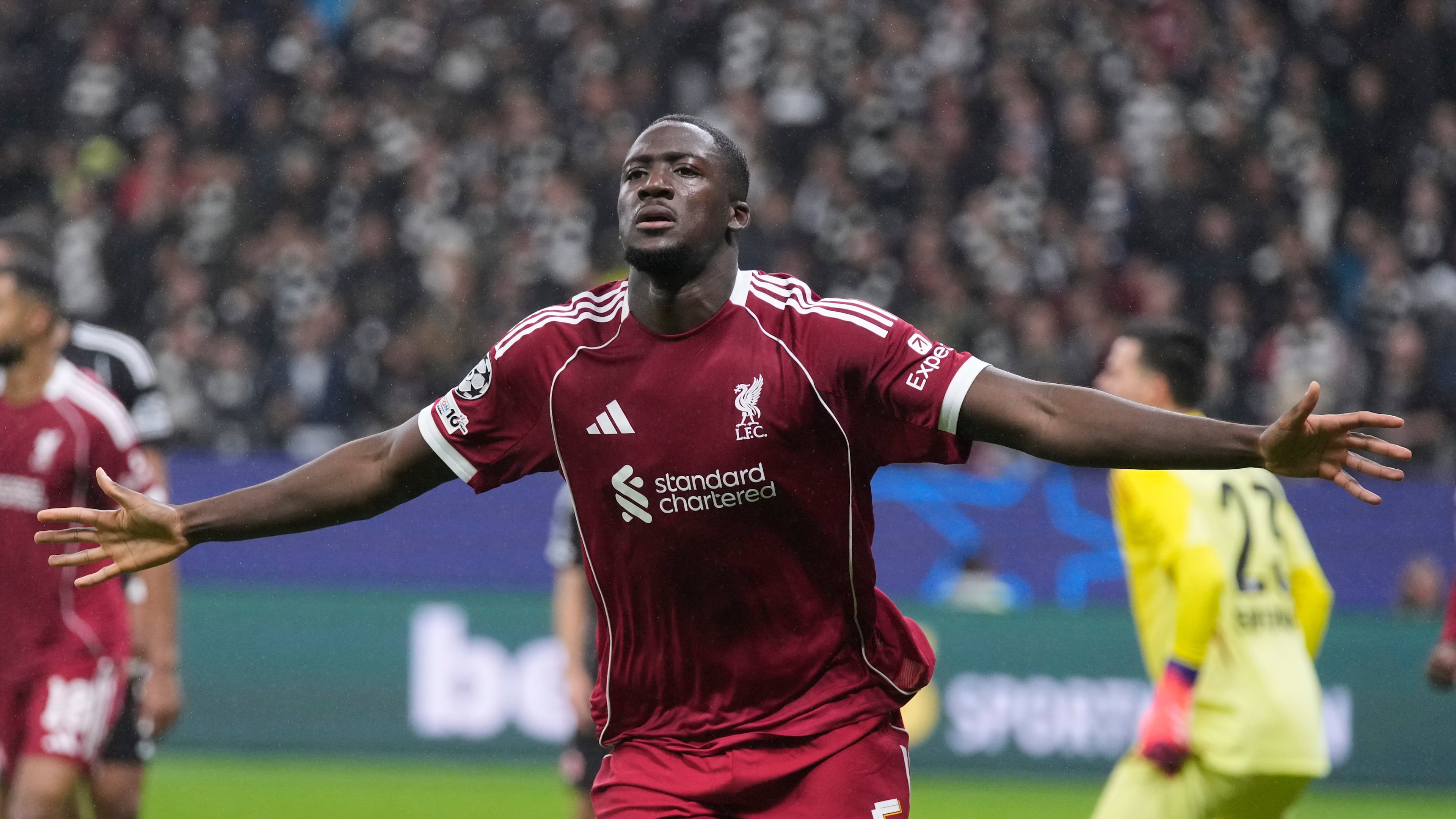 Liverpool's Ibrahima Konate celebrates after scoring his side's third goal during the Champions League opening phase soccer match between Eintracht Frankfurt and Liverpool in Frankfurt, Germany, Wednesday, Oct. 22, 2025. (AP Photo/Michael Probst)