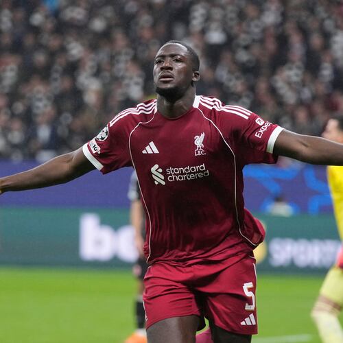 Liverpool's Ibrahima Konate celebrates after scoring his side's third goal during the Champions League opening phase soccer match between Eintracht Frankfurt and Liverpool in Frankfurt, Germany, Wednesday, Oct. 22, 2025. (AP Photo/Michael Probst)