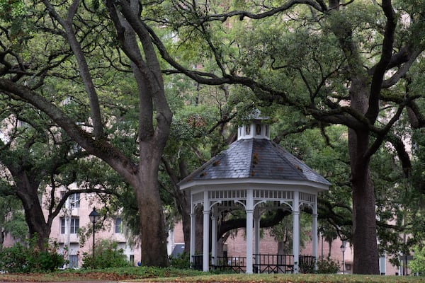 The white gazebo in the center of Whitefield Square was built for Burt Reynolds’ 1976 directorial debut, “Gator.”  (Ben Gray for the AJC)