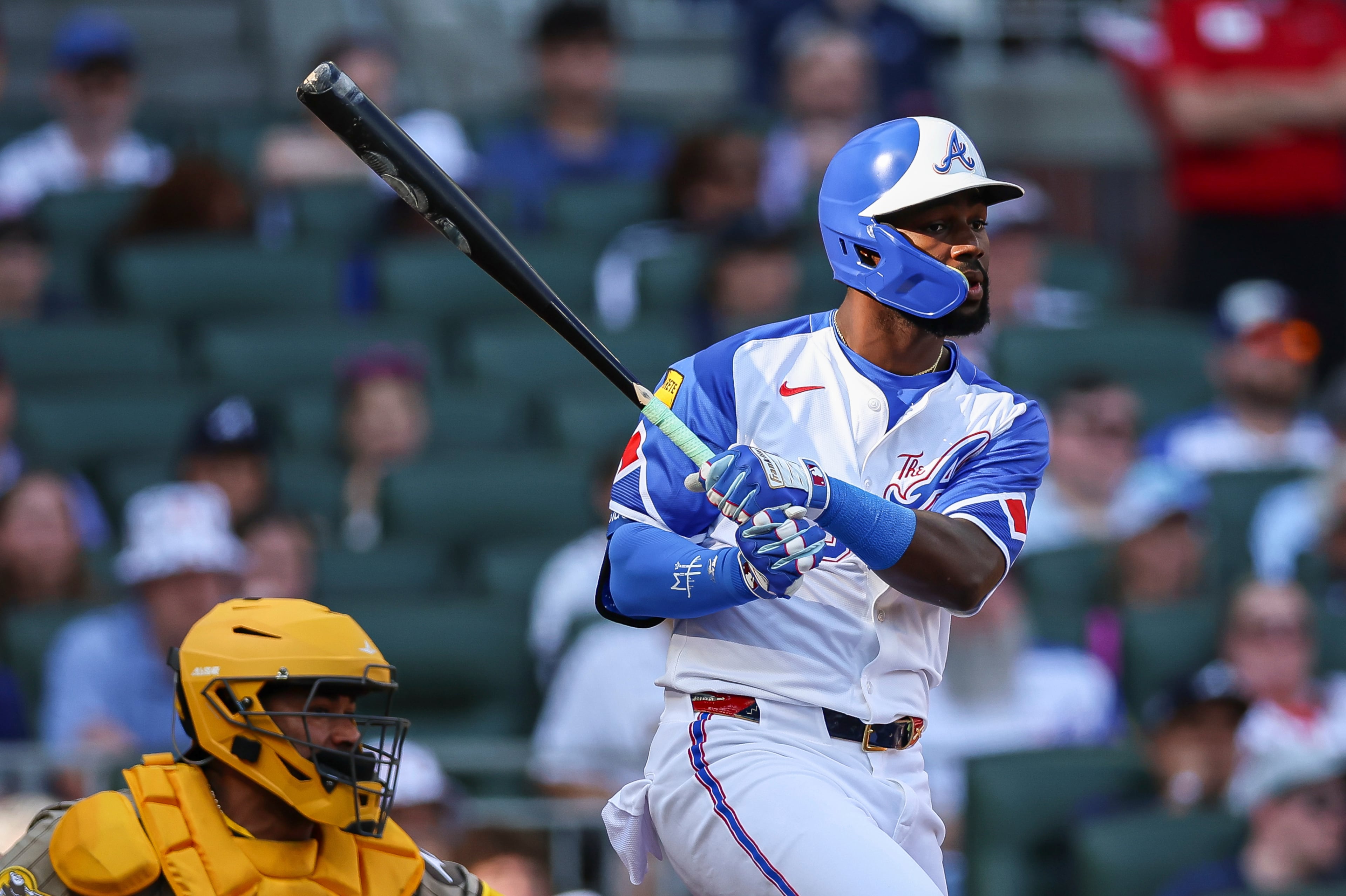 Atlanta Braves' Michael Harris II drives in two runs with a single in the seventh inning of a baseball game against the San Diego Padres, Saturday, May 24, 2025, in Atlanta. (AP Photo/Colin Hubbard)