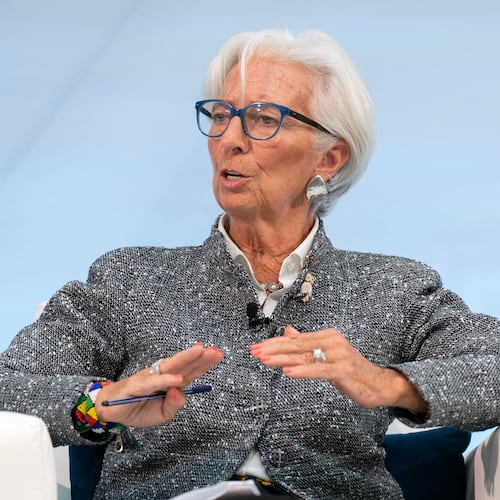 FILE - European Central Bank President Christine Lagarde speaks at Debate on the Global Economy conference during the World Bank/IMF Annual Meetings at the International Monetary Fund (IMF) headquarters in Washington, Oct. 16, 2025. (AP Photo/Jose Luis Magana, File)