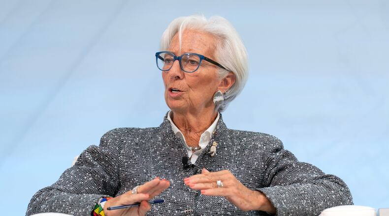 FILE - European Central Bank President Christine Lagarde speaks at Debate on the Global Economy conference during the World Bank/IMF Annual Meetings at the International Monetary Fund (IMF) headquarters in Washington, Oct. 16, 2025. (AP Photo/Jose Luis Magana, File)