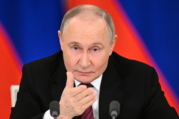 Russian President Vladimir Putin gestures as he speaks to journalists in the Grand Palace at the Kremlin in Moscow, Russia, Sunday, May 11, 2025, after celebrations of the 80th anniversary of the Soviet Union's victory over Nazi Germany during World War II. (Sergei Bobylev/Photo host agency RIA Novosti via AP)