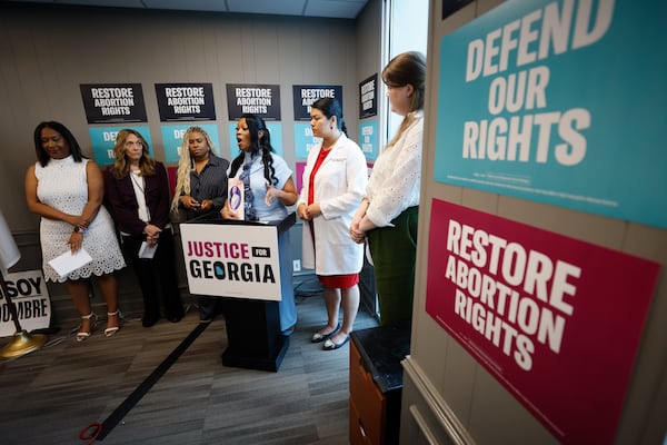 Shannette Williams speaks during a news conference with Georgia reproductive healthcare advocates on Wednesday. (Miguel Martinez/AJC)