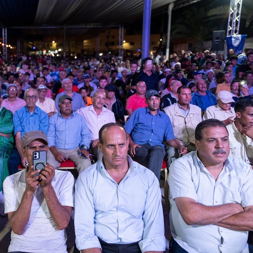 People attend an electoral rally for Authenticity and Modernity Party (PAM) ahead of the upcoming legislative elections, in Benslimane, Morocco, Sunday, Sept. 20, 2026. (AP Photo/Mosa'ab Elshamy)