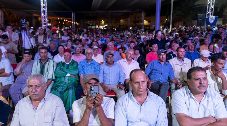 People attend an electoral rally for Authenticity and Modernity Party (PAM) ahead of the upcoming legislative elections, in Benslimane, Morocco, Sunday, Sept. 20, 2026. (AP Photo/Mosa'ab Elshamy)