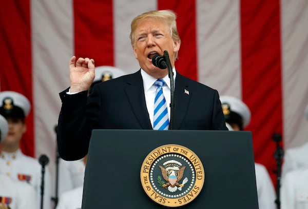 FILE - President Donald Trump speaks at the Memorial Amphitheater in Arlington National Cemetery on Memorial Day, May 28, 2018 in Arlington, Va. (AP Photo/Alex Brandon, File)