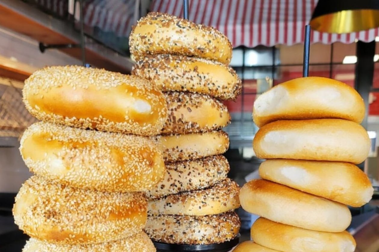 Close-up of an array of stacked bagels from The Bronx Bagel Buggy.