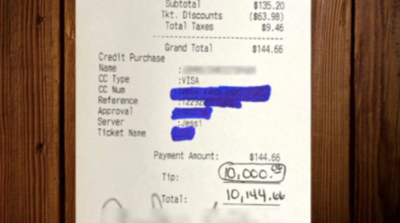 A diner at a north Florida restaurant gathered the staff of 10 together to thank them for their hard work before leaving them a $10,000 tip to share.