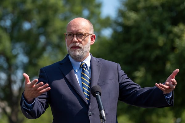 Office of Management and Budget Director Russell Vought speaks with reporters at the White House, Thursday, July 17, 2025, in Washington. (AP Photo/Alex Brandon)