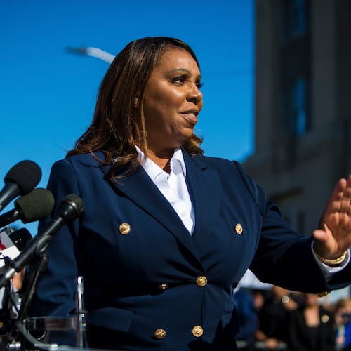 FILE - New York Attorney General, Letitia James, speaks after pleading not guilty outside the United States District Court, on Oct. 24, 2025, in Norfolk, Va. (AP Photo/John Clark, File)