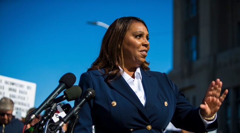 FILE - New York Attorney General, Letitia James, speaks after pleading not guilty outside the United States District Court, on Oct. 24, 2025, in Norfolk, Va. (AP Photo/John Clark, File)