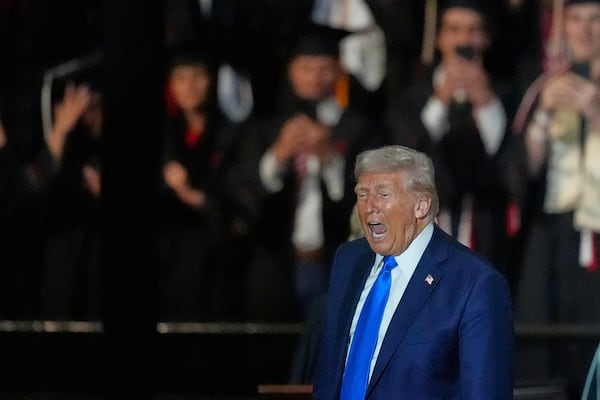 President Donald Trump yells after giving a commencement address at the University of Alabama, Thursday, May 1, 2025, in Tuscaloosa, Ala. (AP Photo/Mike Stewart)