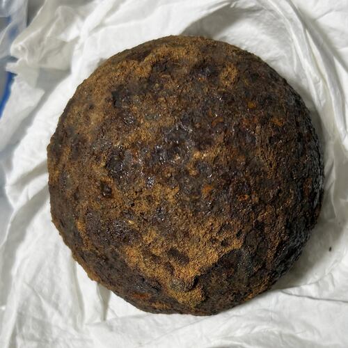 This photo provided by the Transportation Security Administration (TSA) shows a stolen Civil War-era cannonball discovered by TSA officers in a checked bag at the Gulf Shores International Airport in Gulf Shores, Ala., on July 18, 2026. (Transportation Security Administration via AP)