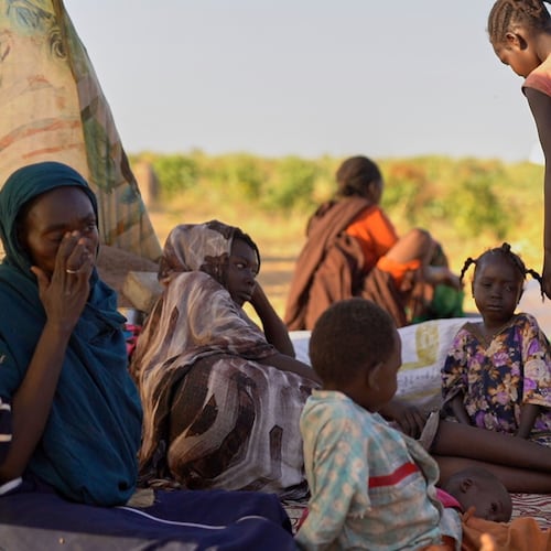 This photo released by UNICEF shows displaced children and families from el-Fasher at a displacement camp where they sought refuge from fighting between government forces and the RSF, in Tawila, Darfur region, Sudan, Monday, Oct. 27, 2025. (Mohammed Jammal/UNICEF via AP)