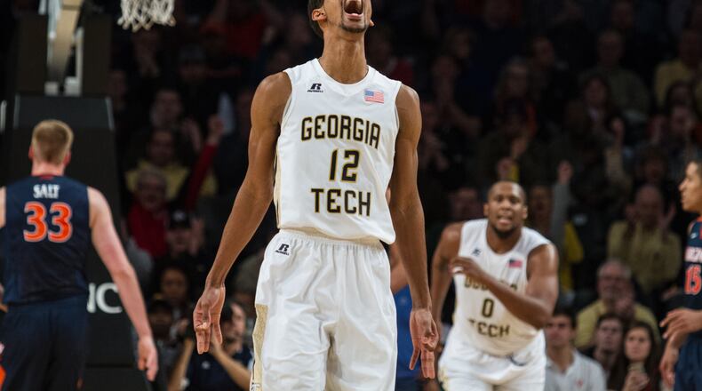Ga. Tech's Quinton Stephens celebrates his three-pointer during their 68-64 ACC win against Virginia at McCamish Pavilion in Atlanta, Ga., Saturday, Jan. 9, 2016. Photo by Mikki K. Harris -----Five things to know about Virginia at Georgia Tech men's basketball