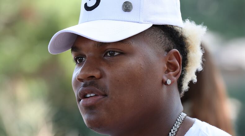 072721 Flowery Branch: Atlanta Falcons linebacker Mykal Walker talks with the media while arriving for player check in at training camp on report day at the team practice facility on Tuesday, July 27, 2021, in Flowery Branch.   “Curtis Compton / Curtis.Compton@ajc.com”