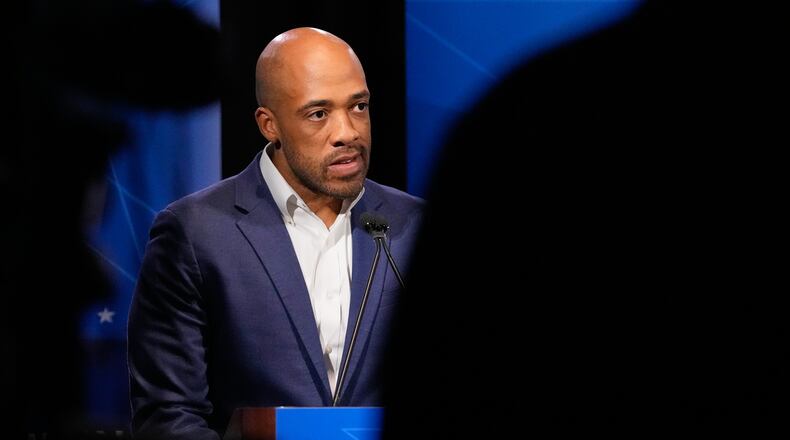 Democratic gubernatorial candidate Mandela Barnes talks during a primary debate in Milwaukee, Tuesday, July 28, 2026. (AP Photo/Nam Y. Huh)