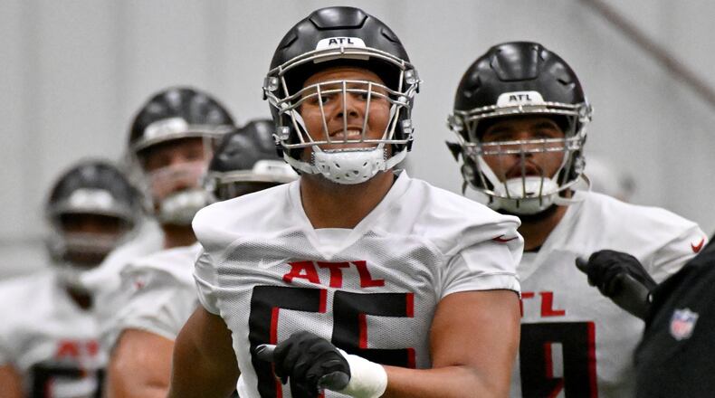Atlanta Falcons guard Matthew Bergeron (65) participates in a drill during rookie minicamp at Atlanta Falcons Training Facility, Friday, May 12, 2023, in Flowery Branch. (Hyosub Shin / Hyosub.Shin@ajc.com)
