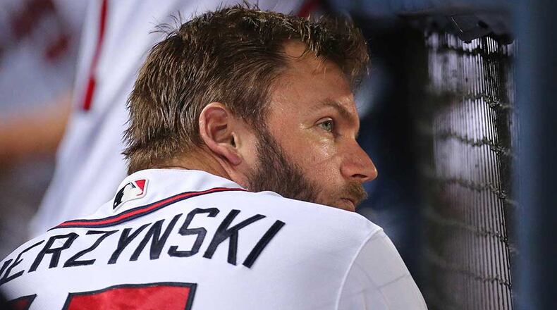 Braves catcher A.J. Pierzynski looks on from the dugout during a game earlier this season.