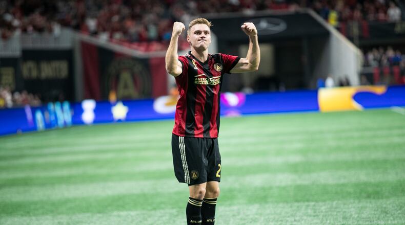 Julian Gressel celebrates his goal for Atlanta United against Real Salt Lake on Saturday. (Atlanta United)