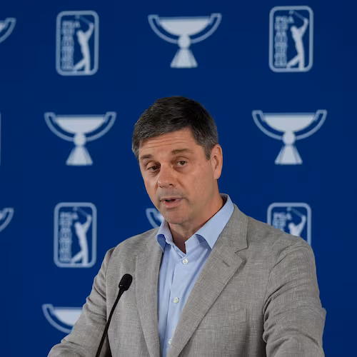 FILE - PGA Tour CEO Brian Rolapp speaks at the Tour Championship golf tournament, Wednesday, Aug. 20, 2025, in Atlanta. (AP Photo/Mike Stewart, File)