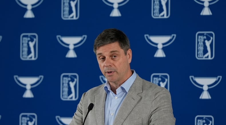 FILE - PGA Tour CEO Brian Rolapp speaks at the Tour Championship golf tournament, Wednesday, Aug. 20, 2025, in Atlanta. (AP Photo/Mike Stewart, File)