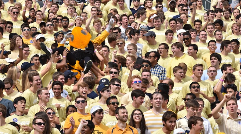 Georgia Tech’s Buzz and fans cheer before their game against the Tulane Green Wave at Bobby Dodd Stadium on Saturday, September 12, 2015. HYOSUB SHIN / HSHIN@AJC.COM