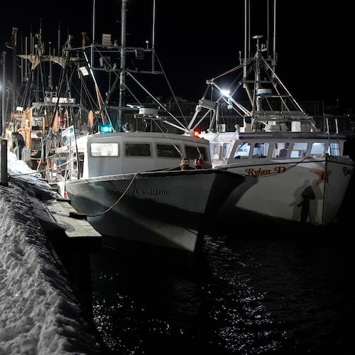 Fishing boats are tied up in Gloucester, Mass., the home port of a vessel that that went missing at sea with seven people aboard, Friday, Jan. 30, 2026. (AP Photo/Robert F. Bukaty)