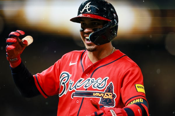 Mauricio Dubon, enjoying a recent RBI single ... and his new reign as king of Braves B-listers. (Jason Getz/AJC)