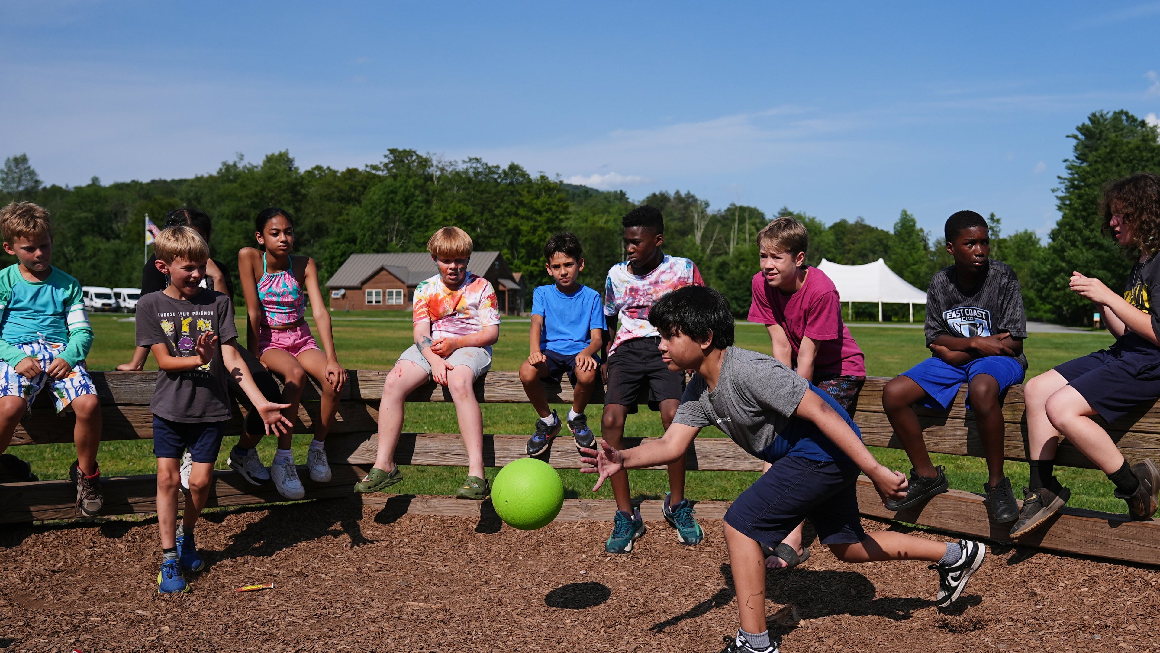 Dylan Aristy Mota, 12, of New York City, who has lupus, plays a game of Gaga Ball with fellow campers at the Frost Valley YMCA sleepaway camp in Claryville, N.Y., Wednesday, July 30, 2025. The camp partnered with Children's Hospital at Montefiore so kids with autoimmune diseases could attend for the first time. (AP Photo/Matt Rourke)