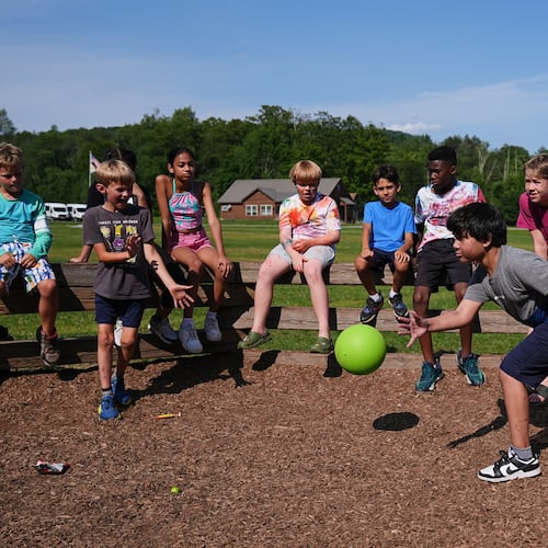 Dylan Aristy Mota, 12, of New York City, who has lupus, plays a game of Gaga Ball with fellow campers at the Frost Valley YMCA sleepaway camp in Claryville, N.Y., Wednesday, July 30, 2025. The camp partnered with Children's Hospital at Montefiore so kids with autoimmune diseases could attend for the first time. (AP Photo/Matt Rourke)