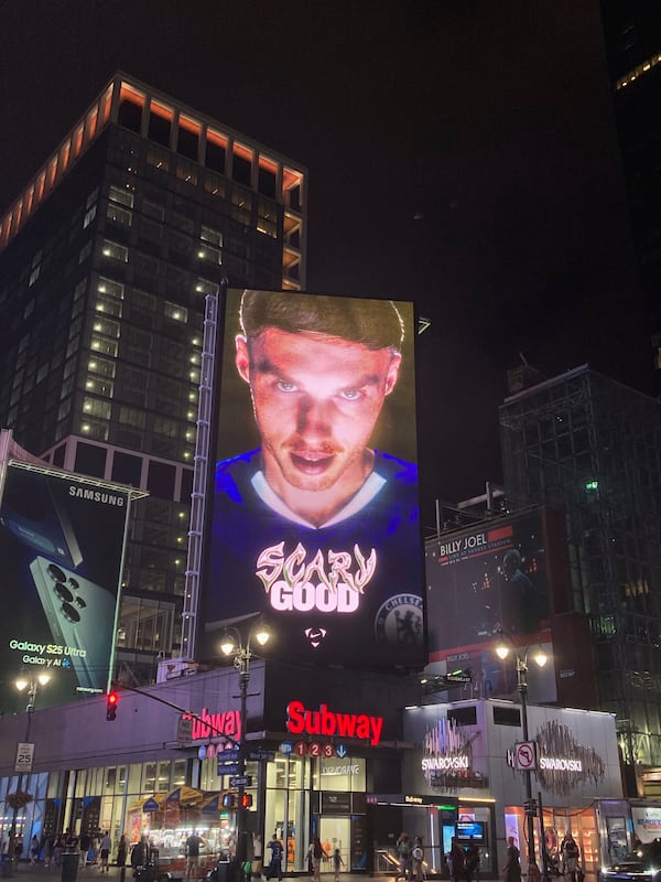 An advertising board featuring Chelsea’s Cole Palmer near Madison Square Garden in New York, following Palmer scoring two goals in the 3-0 Club World Cup final win over Paris Saint-Germain, on Sunday July 13, 2025. (AP Photo/Ron Blum)