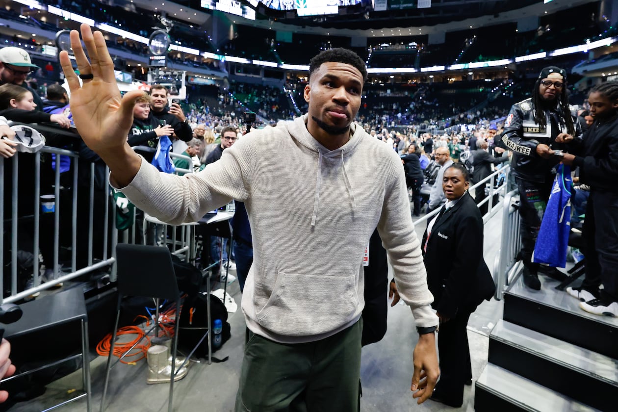Giannis Antetokounmpo walks off the court after a game against the Brooklyn Nets on Friday, April 10, 2026, in Milwaukee. The Bucks traded their franchise icon to the Miami Heat. (Jeffrey Phelps/AP)