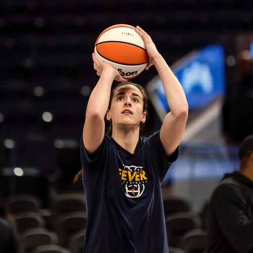 Indiana Fever's Caitlin Clark warms up before the Golden State Valkyries played the Indiana Fever at Chase Center in San Francisco Thursday, May 28, 2026.(Carlos Avila Gonzalez/San Francisco Chronicle via AP)