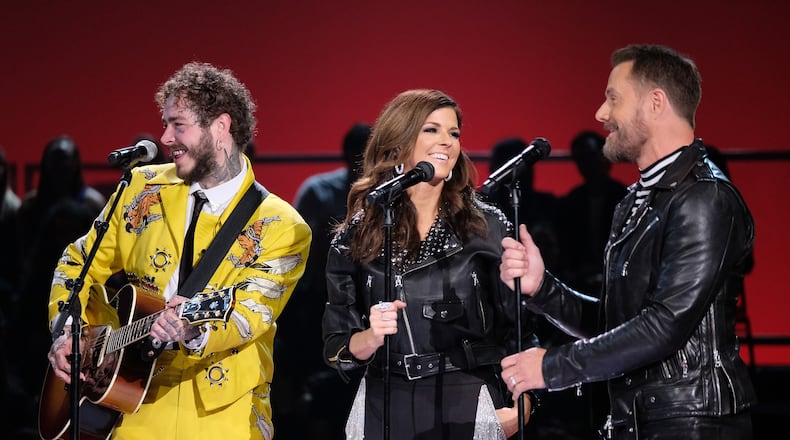 ELVIS ALL-STAR TRIBUTE --  -- Pictured: (l-r) Post Malone, Karen Fairchild and Jimi Westbrook of Little Big Town -- (Photo by: Tyler Golden/NBC)
