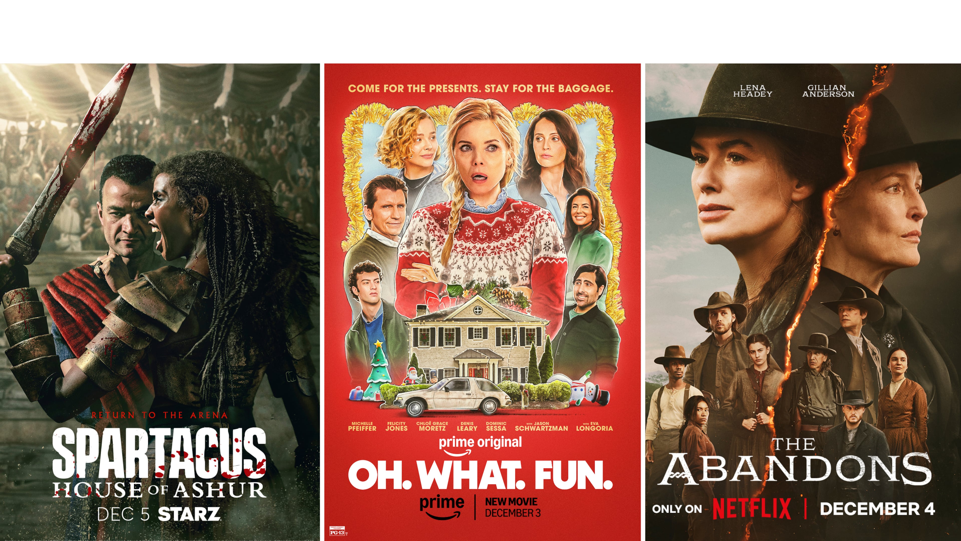 This combination of images shows promotional art for the series "Spartacus: House of Ashur," left, the film "Oh. What. Fun.," center, and the series "The Abandons." (Starz/Prime/Netflix via AP)